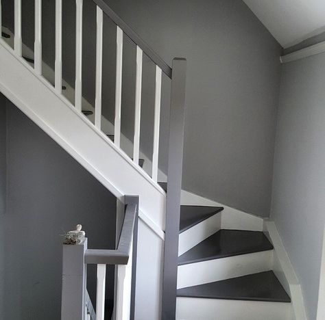 Decorating ideas Staircase Grey And White, Grey Landing And Stairs, White And Grey Staircase, Grey Banister Staircases, Grey And White Stairs, Grey And White Staircase, Gray Staircase, Grey Staircase, Grey Painted Stairs