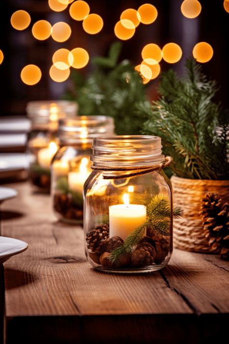 Just picture them casting a soft, flickering light that dances across your rustic table, setting a mood that's both intimate and inviting. #Christmas #Holiday #HomeDecor #DIY Rustic Christmas Table, Simple Thanksgiving Table Decor, Diy Rustic Christmas, Ideas Decoracion Navidad, Rustic Table Setting, Christmas Candle Decorations, Christmas Themes Decorations, Holiday Table Settings, Holiday Tablescapes