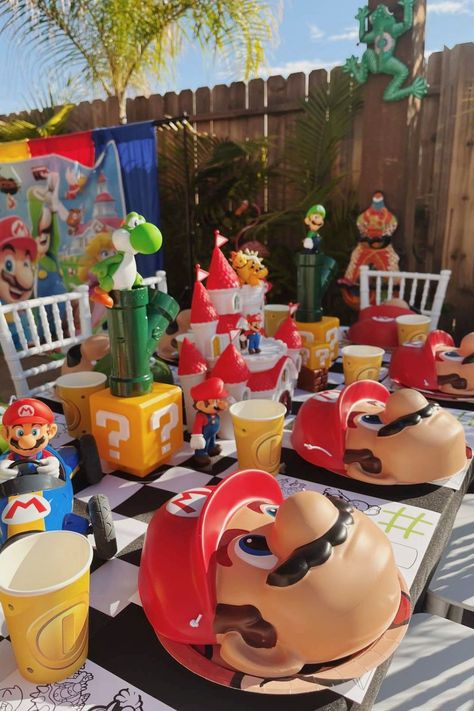 Mario Brothers Dessert Table, Mario Kart Centerpiece Party Ideas, Mario Birthday Table Decor, Mario Table Decorations, Super Mario Table Decorations, Mario Birthday Party Centerpieces, Mario World Party, Mario Party Table, Mario Bros Party Ideas Decoration