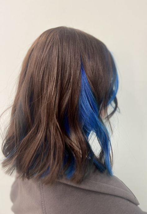 Blue Under Brown Hair, Blue Streaks In Brown Hair Short, Subtle Blue Hair Brunette, Blonde With Blue Peekaboo, Half Brown Half Blue Hair, Blue Dye On Brown Hair, Blue Peek A Boo Hair, Blue Hair Underneath Brown, Blue Highlights In Brown Hair Short