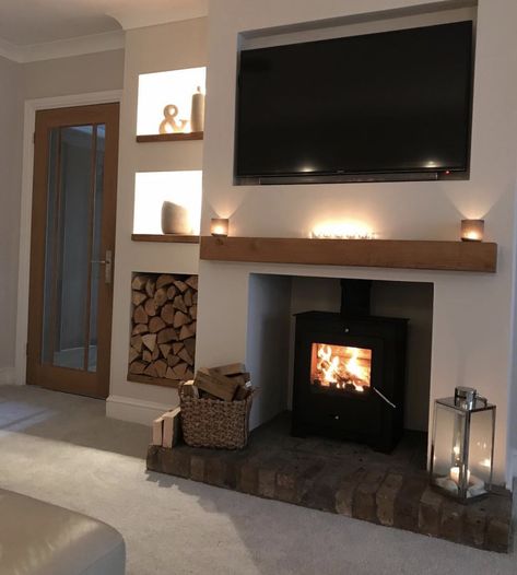 Home Decor Tv Wall, Decor Tv Wall, Log Stores, Home Decor Tv, Alcove Ideas Living Room, Wood Burning Stoves Living Room, Log Burner Living Room, Tv Wall Ideas, Bungalow Ideas