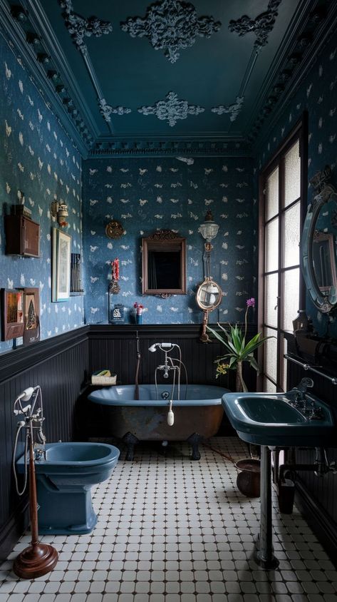 Achieve the perfect moody vintage bathroom look with these 14 ideas, blending dark tones, antique furnishings, and old-world accents. Explore how to create a stylish and timeless space that combines warmth and charm, giving your bathroom a captivating atmosphere. Blue Antique Bathroom, Retro Bathroom Ideas Vintage, Dark Blue Bathroom Ideas, Retro Bathroom Ideas, Dark Blue Bathroom, Blue Bathroom Ideas, Dark Blue Bathrooms, Moody Vintage, Retro Bathrooms