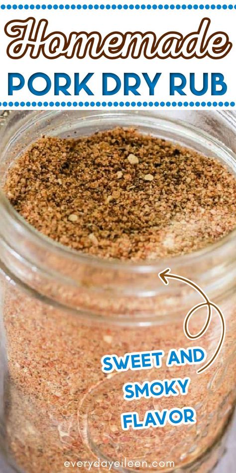 Mason jar with a pork dry rub with a sweet and smoky flavor with Pinterest overlay. Barbecue Rubs For Pork, Pork And Poultry Rub Recipe, Pork Steak Seasoning Dry Rubs, Dry Pork Rub Recipes, Pork Dry Rub Recipe Seasoning Mixes, Pulled Pork Smoker Recipes Dry Rubs, Dry Rub For Ribs Recipes, Pork Tenderloin Rub For Smoker, Carolina Pork Rub