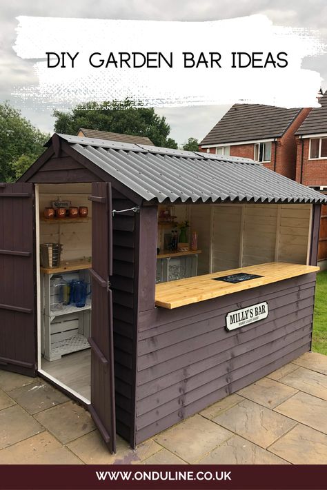 Turn your shed into a garden bar Garden Bar Shed Interior, Turning A Shed Into A Bar, Garden Bar Ideas Shed, Garden Shed Bar Ideas, Shed Turned Into Bar, Diy Shed Bar, Outdoor Shed Bar Ideas, Shed Bar Ideas Backyards, Small Shed Bar Ideas