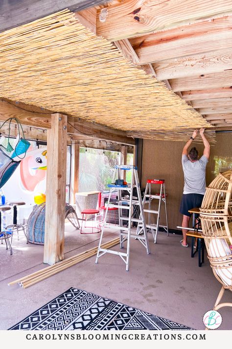 Reed Ceiling Interior Design, Reed Ceiling Outdoor Spaces, Reed Fencing Ceiling, Boho Ceiling Ideas, Bamboo Ceiling Design, Gazebo Ceiling Ideas, Reed Fencing Ideas, Ugly Fence Cover Up, Bamboo Ceiling Ideas