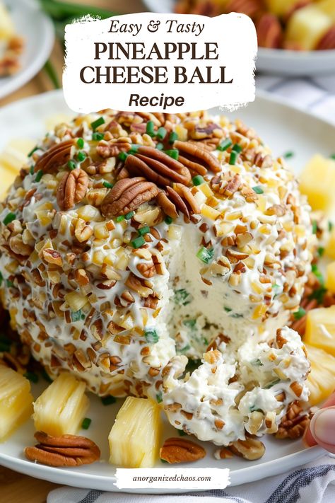 This delightful Pineapple Cheese Ball, made with green bell pepper, crushed pineapple, cream cheese, and pecans, is a sweet and salty treat that's always a welcomed appetizer. This Pineapple Cheese Ball is always a party favorite! Combining crushed pineapple with cream cheese, green pepper, shallot, and chopped pecans creates a unique and delightful blend of Pineapple Green Pepper Cheeseball, Cheese Ball Pineapple Green Pepper, Cheese Ball With Crushed Pineapple, Cream Cheese And Pineapple Dip, Cream Cheese Pineapple Spread, Cream Cheese Dip Recipes Sweet, Pineapple Cheese Ball Recipes Best, Appetizers With Pineapple, Chipped Beef Cheese Ball Recipes