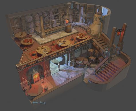 Tavern environment design , Cameron Slade on ArtStation at https://www.artstation.com/artwork/3qGkBm Tavern Design Concept Art, Tavern Blueprint, Modern Tavern Design, Tavern Concept Art, Tavern Design, Isometric Character, Tavern Interior, Tavern Art, Prop Concept