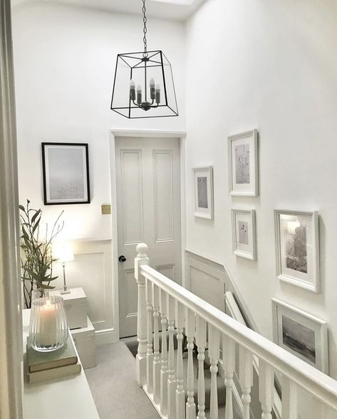 11 Grey Hallway Ideas For A Bright & Light Space 12 French Hallway Ideas, White And Grey Staircase, Scandi Hallway Ideas, Light Hallway Ideas, Hallway Lights Ceiling, Hallway Ceiling Lights Ideas, Landing Lighting Ideas, Upstairs Hallway Ideas Landing, Grey And White Hallway Ideas