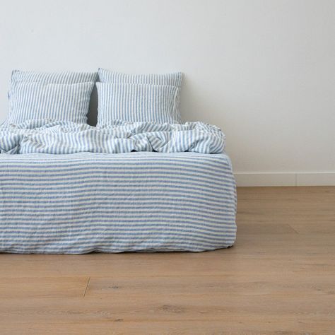 Ticking Stripe Fitted Sheet in Blue White. King Queen Custom - Etsy Australia Blue Striped Bedding, Ticking Stripe Bedding, Striped Bedding, White King, Natural Linen Fabric, Stay In Bed, Linen Sheets, Ticking Stripe, European Linens