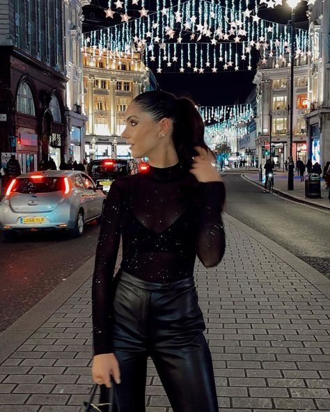 Sophie Moulds, Sparkly Outfits, Christmas Party Outfit, Sparkly Top, London Style, Vegas Baby, Leather Trousers, Leather Outfit, My Vibe