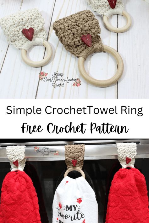 How To Crochet A Simple Towel Holder | Free Crochet Pattern - Krissys Over The Mountain Crochet Crochet Hand Towel Topper Free Pattern, Crochet Towel Ring, Crochet Towel Tops, Mountain Crochet, Crochet Dish Towels, Crochet Towel Holders, Crochet Towel Topper, Crochet Kitchen Towels, Crocheting Patterns