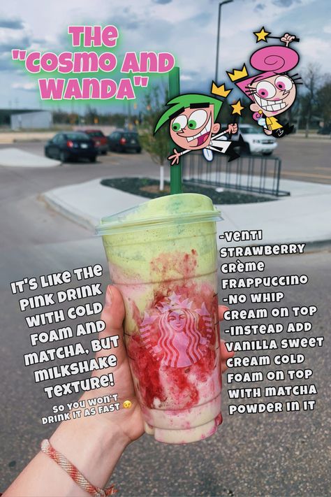 Sweet Cold Foam Starbucks Drinks, Strawberry Matcha Frappe Starbucks, Pride Starbucks Drink, Cosmo And Wanda Frappuccino, Pink Drink Frappuccino, Craziest Starbucks Drinks, Starbucks Special Drinks Frappuccino Recipe, Matcha Starbucks Drinks Order Strawberry, Summer Starbucks Drinks Frappuccino