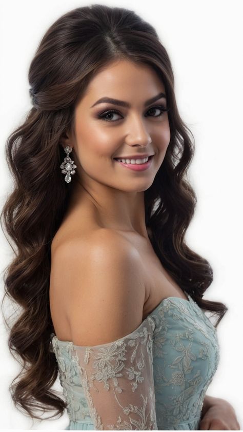 Long Hair Side Updo Half Up, Wedding Guest Hairstyles Front View, Bridesmaid Hair All Down, Long Dark Wedding Hair, Formal Hair For Round Face, Long Down Hairstyles Wedding, Side Sweep Wedding Hair, Formal Party Hairstyles, Half Up Half Down Wedding Hair Long