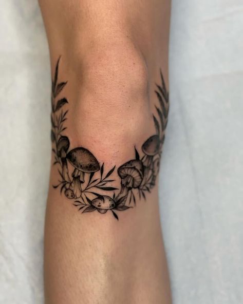 Mushroom Knee Tattoo Around The Knee Mushroom Tattoo, Surrounding Knee Tattoo, Women’s Above The Knee Tattoo, Boho Knee Tattoo, Knee Arch Tattoo, Morell Mushroom Tattoo, Mushroom Knee Tattoo Design, Knee Tattoo Mushroom, Sister Mushroom Tattoos