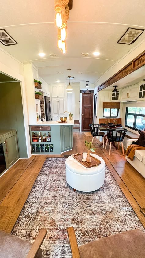 Modern Country Montana Renovation by @dwyerandco Camper Turned Into Tiny House, Live In Trailer, Camper To Tiny House Conversion, Mountain Tiny House, Houseboat Renovation, Tiny House Living Room Ideas, Caravan House, Rv Deck, Antique Sink