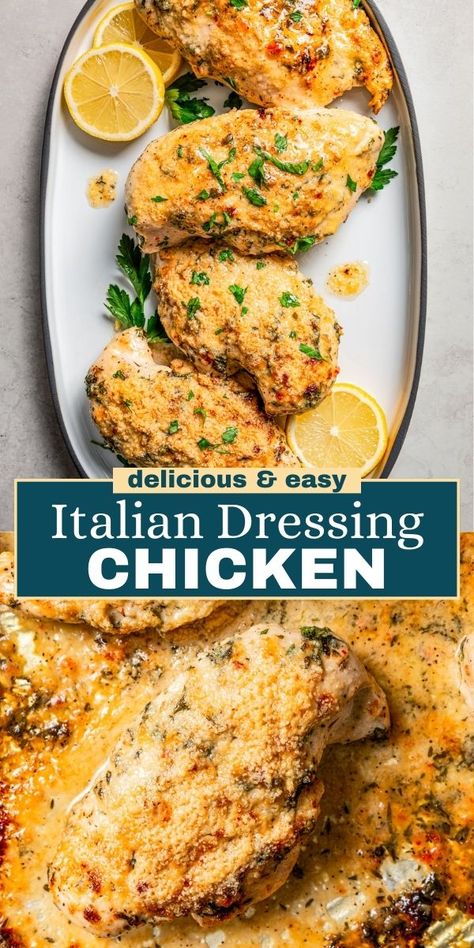 You'll love this juicy, flavorful Italian dressing chicken. Chicken breasts are marinated in zesty Italian dressing, creamy mayo, and herbs, baked, and finished with bubbly, melty parmesan cheese. Zesty Italian Dressing Chicken, Baked Chicken Recipes Italian Dressing, Italian Dressing Parmesan Chicken, Italian Dressing Recipe Chicken, Zesty Italian Chicken Baked, Chicken Breast Marinade Recipes Baked, Chicken Recipes With Italian Dressing, Recipes Using Italian Dressing, Sauces For Chicken Breast