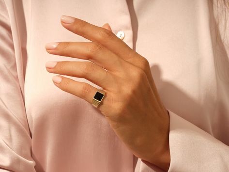 Buy 14k Solid Gold Black Signet Ring / Black Square Pinky Ring / Yellow, Rose, White Gold Signet Ring for Men, Women / Statement Ring Online in India - Etsy Pinky Ring For Women, Black Signet Ring, Pinky Rings For Women, Pinky Finger Ring, Signet Ring For Men, Pinky Finger, Gold Signet Ring, Ring Black, Black Square