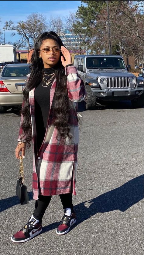 Jumpsuit And Shacket Outfit, Flannel And Jordans Outfit, Plaid Jacket Outfit Black Women, Shacket Outfits Women, Flannel Jacket Women's Outfit, Nba Game Outfit Woman Winter, Shaket Outfits For Women, Christmas Outfit Ideas For Women Casual, Plaid Shacket Outfit Women