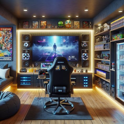 Immerse yourself in gaming glory with a high-tech man cave boasting a top-tier console, immersive screen, ergonomic chair, customizable LED lights, stocked mini-fridge, gaming memorabilia, and cozy guest corner. Ultimate gamer's paradise!
#GamingSetup #ManCave #GameRoom #GameNight #VideoGames #GamerLife Small Gaming Room Ideas, Game Room Lighting, Audio Setup, Gaming Rooms, Pc Design, Gaming Chairs, Gaming Room Setup, Kids Room Wall Decor, Wall Decor Ideas