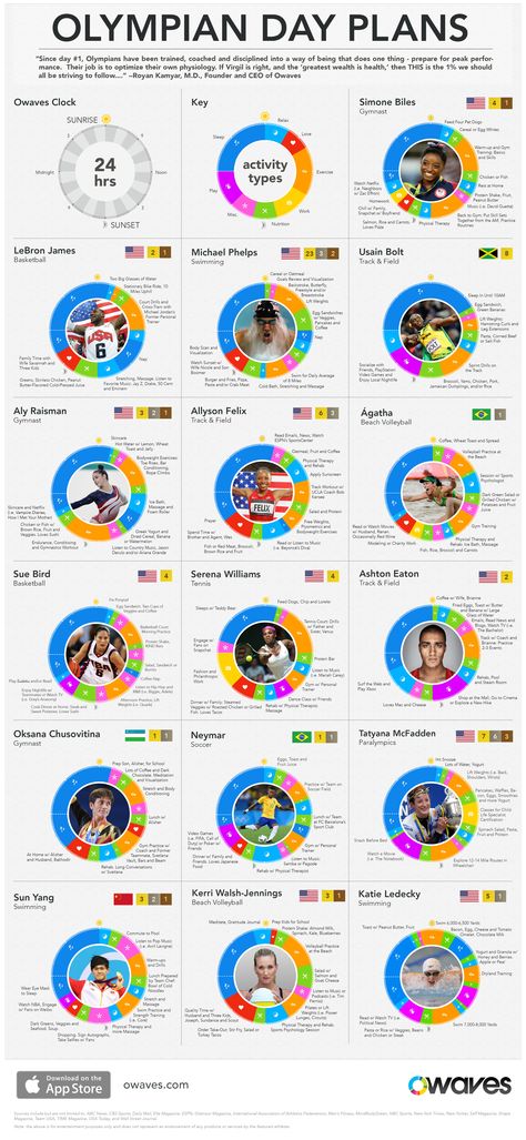 The daily routines of 16 top-tier Olympians to inspire you to workout!    We researched over fifty Olympic athletes with a combined total of over 100 medals to see what makes them golden. Check out these day plans of our top athletes and let us know what you find!  #OlympianDayPlans Gcse Pe, Katie Ledecky, Pe Ideas, Information Visualization, Pro Athletes, Michael Phelps, Olympic Athletes, Yoga Teachers, Swim Team