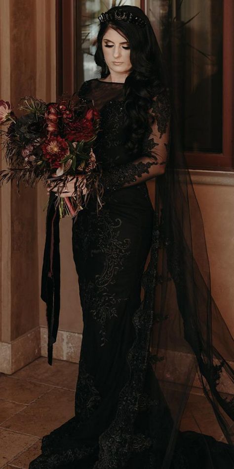 Dark Romance: 30 Gothic Wedding Dresses ★ #bridalgown #weddingdress Morticia Addams Wedding Dress, Goth Proposal, Wine And Black Wedding, Vamp Wedding, Dark Wedding Dress, Haunted Wedding, Gothic Wedding Dresses, Goth Wedding Dresses, Dark Romantic Wedding