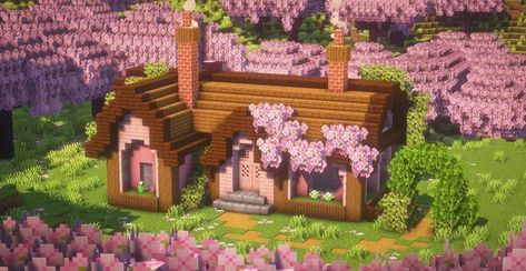 Minecraft Houses Cherry Grove, Minecraft Survival House Cherry Blossom, Cute Cherry Wood Minecraft House, Cherry Biome House, Cherry Starter House Minecraft, Cherry Forest House Minecraft, Cherry Biome Minecraft, Cherry Blossom House Ideas Minecraft, Starter Cherry Blossom House Minecraft