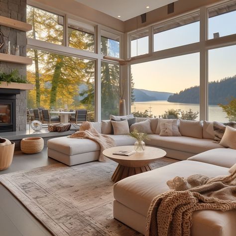 All Window Wall Living Room, Living Room Designs Spacious, House Interior Big Windows, Living Room Designs Large Windows, Cute Big Living Room, Living Room With Big Window Layout, Modern Lakeside House, Pool View From Living Room, Chalet Design Interior Inspiration