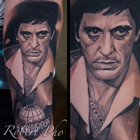 Scarface's "Tony Montana" by Robert Pho. Tony Montana Tattoo, Scarface Tattoo, Montana Tattoo, Godfather Tattoo, Tattoo Mafia, Bull Tattoos, Tony Montana, Tattoo Stencil Outline, Al Pacino