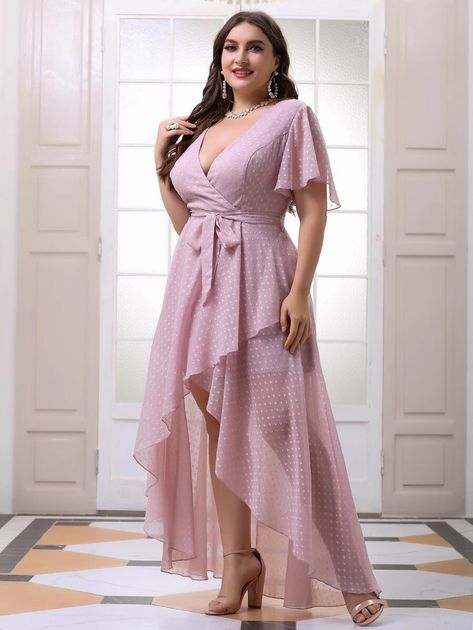 Plus Chiffon Swiss Dot Belted Asymmetrical Dress | SHEIN USA Plus Size Gala Dress, Curvy Wardrobe, Graduation Dress Plus Size, Music Photoshoot, Wrap Sleeve, Fitness Music, Cute Short Dresses, Indian Party Wear, Butterfly Sleeve