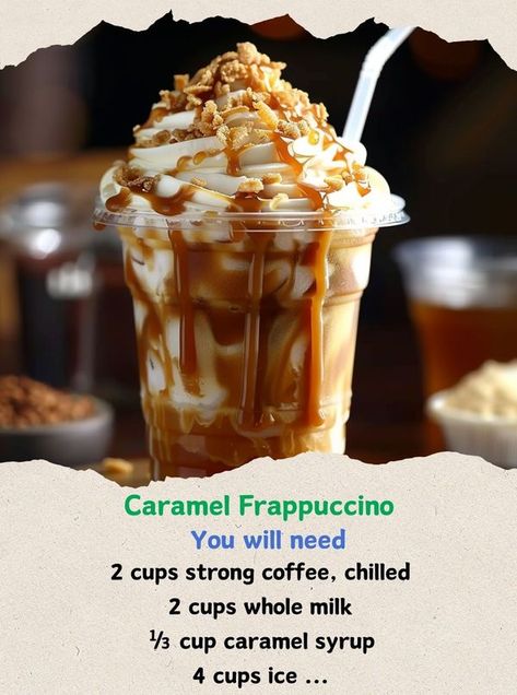 Cooking Family Recipes | Caramel Frappuccino | Facebook Carmel Frappachino, Frappachino Recipe, Caramel Frappuccino Recipe, Homemade Butterbeer, Frappe Recipe, Caramel Frappuccino, Frappuccino Recipe, Peach Lemonade, Caramel Syrup