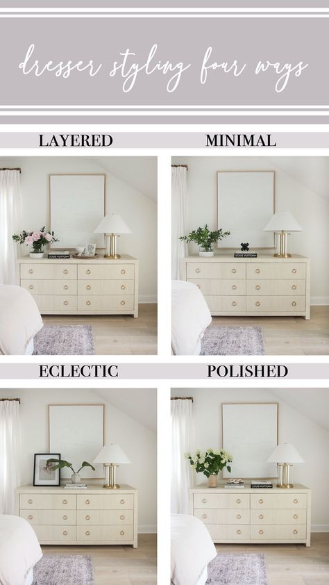 Styling Dresser Under Tv, Styled Dresser With Mirror, Decorating Dresser With Tv Above, Dresser Decor Neutral, Guest Room Dresser Ideas, Master Room Dresser Decor, Bedroom Dresser Decor Minimalist, White Dresser Styling Bedroom, Wall Art Above Dresser