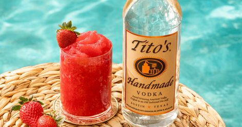 Tito's Strawberry Daiquiri Vodka Gifts, Frozen Cocktail, Alcohol Beverages, Vodka Recipes, Strawberry Slice, Strawberry Syrup, Strawberry Daiquiri, Frozen Cocktails, Pot Still