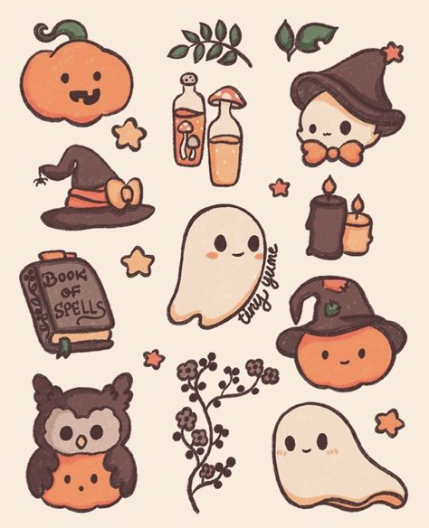 Cute Halloween Drawings, Autumn Doodles, Helloween Wallpaper, Tapeta Harry Potter, Fall Drawings, Halloween Wallpaper Cute, Cute Easy Doodles, Autumn Stickers, Halloween Illustration