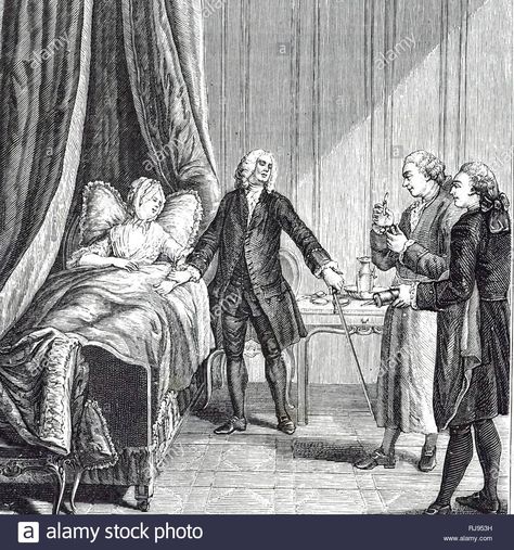 Download this stock image: An engraving depicting a doctor taking the pulse of a patient, while the surgeon approaches with a knife ready to bleed her and the apothecary with a syringe to administer an enema. Dated 18th century - RJ953H from Alamy's library of millions of high resolution stock photos, illustrations and vectors. The Surgeon, Art Memes, A Doctor, World History, Apothecary, 18th Century, Photo Image, Vector Illustration, High Resolution