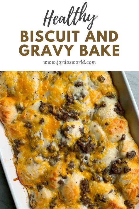 Throw everything you thought about comfort food right out the window, and throw this delicious Biscuits and Gravy Bake right into the oven. Healthy Biscuits And Gravy Casserole, Macro Friendly Biscuits And Gravy, High Protein Biscuits And Gravy, Healthy Biscuits And Gravy, Biscuits And Gravy Breakfast Casserole, November Meals, Biscuit And Gravy Bake, Biscuits And Gravy Breakfast, Gravy Breakfast Casserole