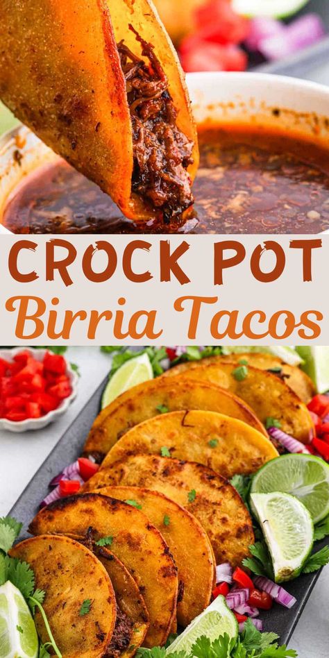 Easy Crock Pot Birria Tacos is a juicy and flavorful way to enjoy Birria Tacos at home. Tender meats cooks in a delicious sauce for a delicious meal idea. These Birria Taco Meat, also know as quesabirria tacos, cook easily in the slow cooker. Crispy corn tortillas are filled with the juicy meat creates delicious tacos that everyone will love. #eatingonadime #crockpotbirriatacos #easyrecipe Crockpot Taco Pie, Birra Taco Soup, Birria Taco Recipes Easy, Mexican Tacos Birria, Birria Tacos Crock Pot, Crock Pot Barrio Tacos, Short Ribs Tacos Slow Cooker, Easy Crock Pot Birria Tacos, Roast Beef Tacos Crock Pots