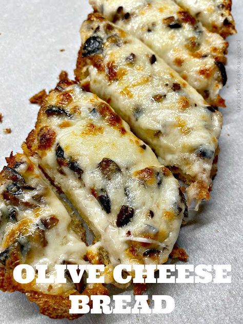 Olla-Podrida: Olive Cheese Bread Cheesy Mozzarella Bread, Italian Olive Bread, Halloween Develd Eggs, Olive Bread Appetizer, Italian Bread Appetizers, French Bread Appetizers Simple, Olive Loaf Bread, Olive Bread Recipe Easy, Bread Appetizers Easy