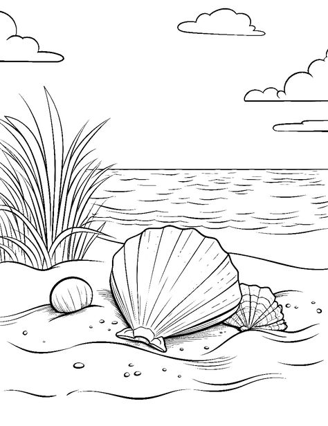 Free Seashell Printables, Coastal Coloring Pages, Puravida Coloring Pages, Beach Scene Coloring Pages, Free Beach Coloring Pages, Cute Coloring Sheets Aesthetic, Printable Watercolor Coloring Pages, Free Ocean Coloring Pages, Beach Coloring Pages For Adults