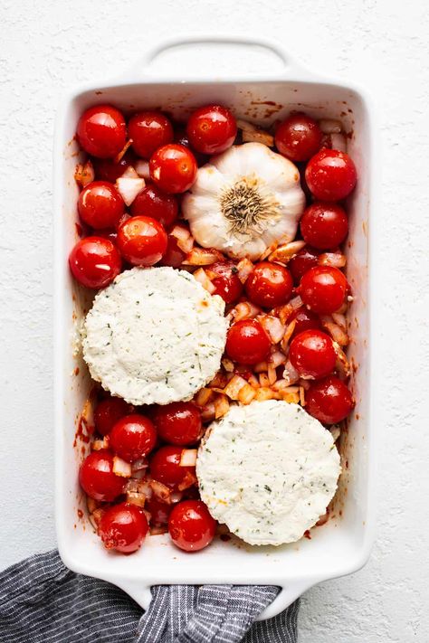 Roasted Garlic Baked Boursin Dip - Fit Foodie FInds Roasted Tomatoes Appetizer, Grape Tomatoes And Boursin, Roasted Tomato Boursin Dip, Boursin Tomato Dip, Roasted Tomato Dip, Roasted Garlic Appetizer, Boursin Dip Recipes, Boursin Cheese Dip Recipes, Boursin Appetizer Recipes