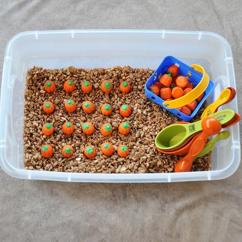 Our Five Ring Circus: Edible Pumpkin Patch Sensory Bin Pumpkin Patch Business, Toddler Activities Daycare, Edible Sensory Play, Pumpkin Patch Kids, Fall Sensory Bin, Pumpkin Patch Party, Halloween Breakfast, Halloween Sensory, Motherhood Lifestyle