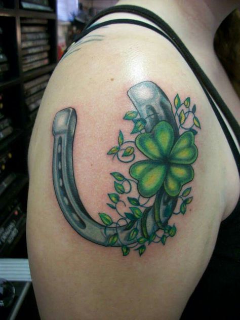 Color horseshoe and clover tattoo Lucky Shamrock Tattoo, Horseshoe Clover Tattoo, Horseshoe Tattoo With Flowers, Tattoo Coverups, Shoe Tattoo, Horseshoe Tattoo, Horse Tattoos, Four Leaf Clover Tattoo, Clover Tattoo