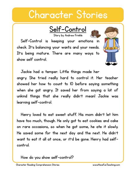 This Reading Comprehension Worksheet - Self-Control is for teaching reading comprehension. Use this reading comprehension story to teach reading comprehension. Character Story Ideas, Responsibility Worksheet, Character Reading, Character Stories, Reading Comprehension For Kids, Teaching Reading Comprehension, English Stories For Kids, Reading Comprehension Lessons, Moral Stories For Kids