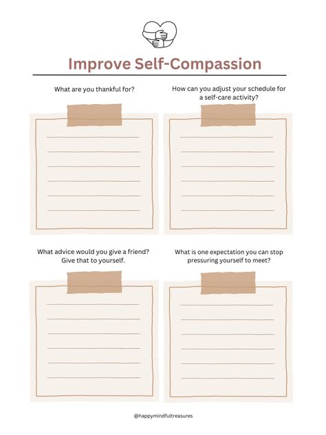 Self Compassion Prompts, Compassion Worksheet, Self Compassion Activities, Self Compassion Journal, Self Compassion Worksheet, Self Compassion Journal Prompts, Self Love Worksheet, Self Compassion Activities Art Therapy, Self Compassion Exercises