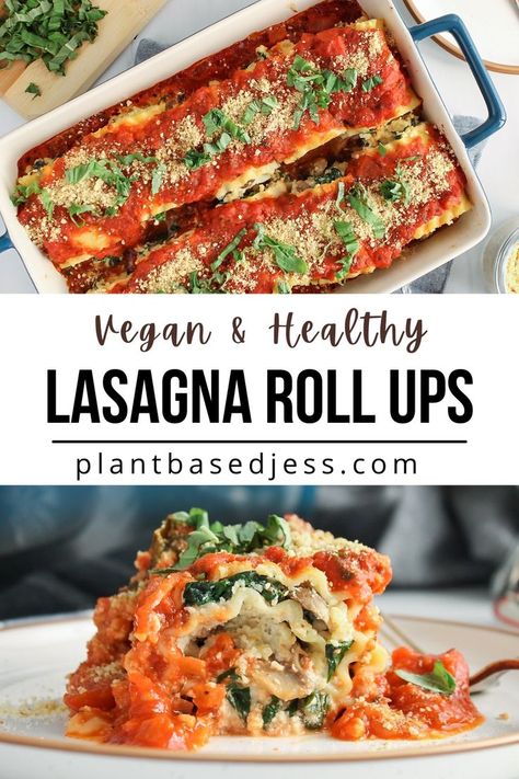 Showing is a large dish filled with lasagna roll ups and a close up picture with a lasagna rolls up showing the layers. Fried Lasagna Rolls, Healthy Lasagna Rolls, Easy Vegan Lasagna, Lasagna Recipe Roll Ups, Vegetarian Lasagna Roll Ups, Spinach And Ricotta Lasagna, Fried Lasagna, Dairy Free Lasagna, Cashew Ricotta