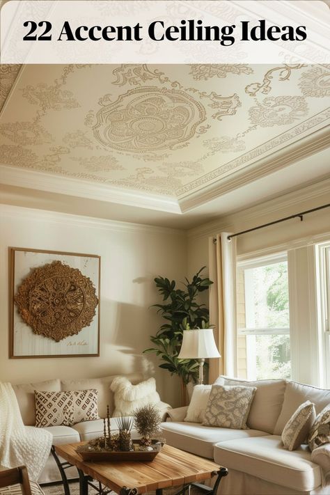 Elevate your ceiling with intricate stencil designs, adding artistic flair to your space. Choose from a variety of patterns to suit your style, from classic to contemporary. Ceiling Accent Ideas, Accent Ceiling Ideas, Accent Ceiling, Easy Room Decor, Ceiling Texture, Dining Room Ceiling, Ceiling Treatments, Stencil Design, Ceiling Ideas