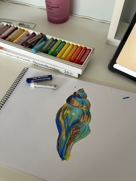 Oil Pastel Shell Drawing, Oil Pastel Art Ocean, Oil Pastel Ocean Drawings, Seashell Art Drawing, Oil Pastel Ocean, Sketchbook Tours, Shell Drawing, Ocean Drawing, Ocean Illustration