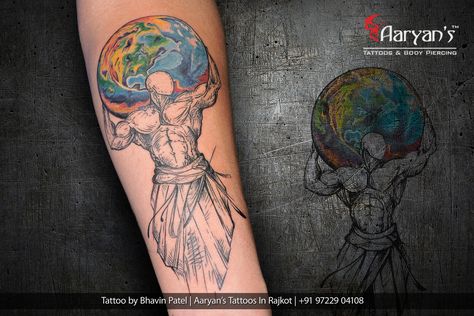 A #Man holding the whole #Earth on his shoulder.This tattoo means #Strength, #Struggle and #Power.  Tattoo Style: Sketch with Color shading  Artist #BhavinPatel  Instagram : https://www.instagram.com/bhavin_tattooist/ Call for Tattoos : +91 9722 904 108  Studio Aaryan's Tattoos & Body Piercing in Rajkot    #Best, #Creative, #Amazing #Color #EarthTattoo #Man #Ink #BigTattoos #TattooOnForearm  #Art #ArtistLife #ArtByBhavin #Aaryans #TattooStudioInRajkot #TattooIndia #tattooCulture... World On Shoulders, Man Holding The World, Shoulders Tattoo, World On My Shoulders, The World Tattoo, Holding The World, Earth Tattoo, Color Shading, Power Tattoo