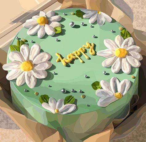 Daisy Cake Design, Pastel Green Cake, Cake Design Flowers, Elite Drawing, Basic Cake Designs, Daisy Flower Cake, Cake Daisy, 17 Cake, Flowers Sage Green