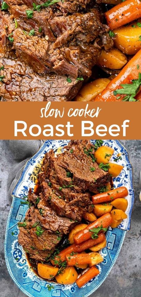 This Slow Cooker Roast Beef will be become your favorite Sunday Roast – incredibly tender slow cooked beef in a rich gravy. 10/10 for flavor and almost zero effort! Serve with my incredible Goose Fat Roast Potatoes. Roast Beef In Crockpot Slow Cooker, Crock Roast Beef Recipes Slow Cooker, Roast Beef In Slow Cooker Recipe, Pot Roast Beef Stew Slow Cooker, How To Cook Roast Beef In Slow Cooker, Slow Roasting Beef Roast In Oven, Traditional Roast Beef Dinner, Slow Cooker Roast Beef From Frozen, Roast Beef In Crockpot Recipes