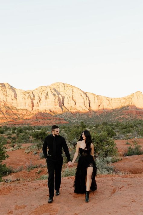 Dramatic Couples Photoshoot, Unique Engagement Photo Outfits, Engagement Photos Dramatic, Dramatic Couple Photoshoot, Dramatic Engagement Photos, All Black Engagement Photos, Engagement Photoshoot Ideas Outdoors, Arizona Photoshoot, Unique Engagement Photoshoot